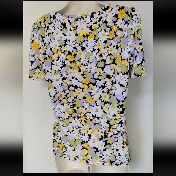 CATHERINE MALANDRINDO sz M black white purple floral print stretchy blouse top - Picture 5 of 8